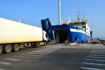 Loading vehicle ferry in the port of Crimea
