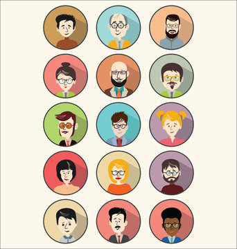 Collection of 15 colorful flat user male and female icons different characters age and race