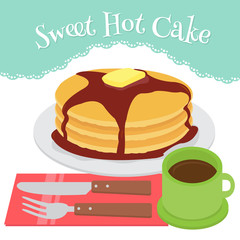 A plate of pancakes with utensils and a cup of coffee.