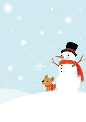 Snowman and Cute Dog - Winter background