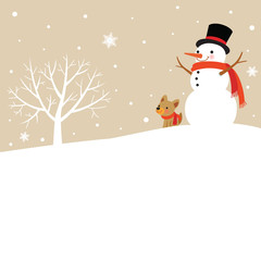 Snowman and Cute Dog, Winter tree