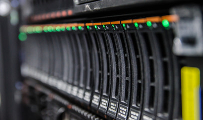 Naklejka premium network server in datacenter shallow in dept of field
