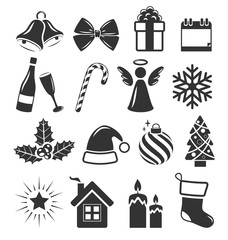 Set of Christmas Holidays Icons Pictograms Flat Black Isolated o