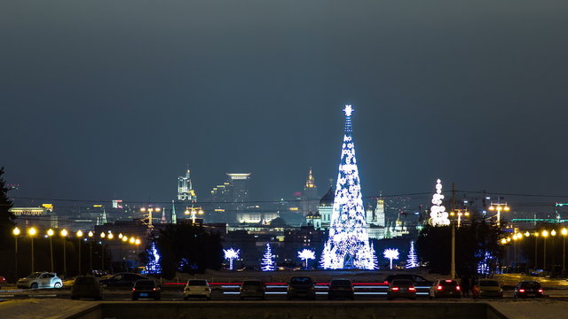 Panoramic view of the building from the sparrow hills of center Moscow timelapse, Russia