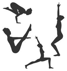 Woman in Yoga Poses Asanas Set Black Isolated on White Backgroun