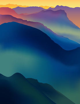 Landscape with colorful mountains at sunset or dawn.