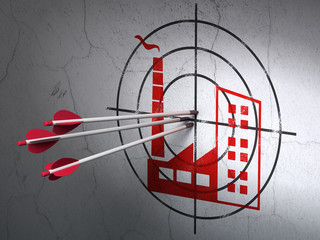 Business concept: arrows in Industry Building target on wall background