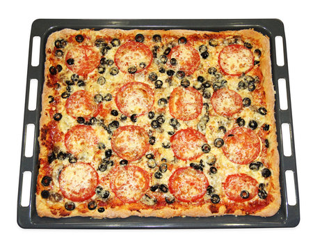 Tasty Square Pizza With Vegetables On A Baking Pan Isolated On White