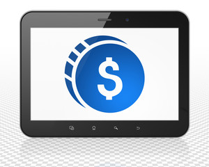 Currency concept: Tablet Pc Computer with Dollar Coin on display