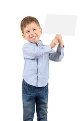 Boy holding a white blank card