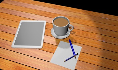 Tablet on the wooden working place with a coffee cup and two pencil on the white paper.