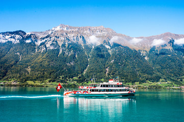 Cruise ship on lake Brienz over Alps,  Interlaken.