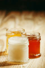 Three types of sweet honey: May linden, white clover, dark buckw