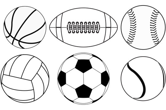Basketball ball, Baseball ball, American football ball, Volleyball, Soccer ball, Tennis ball.