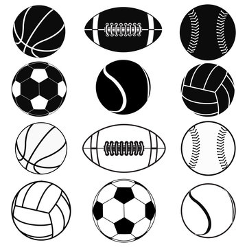 American football ball, Basketball ball, Baseball ball, Volleyball, Soccer ball, Tennis ball. 