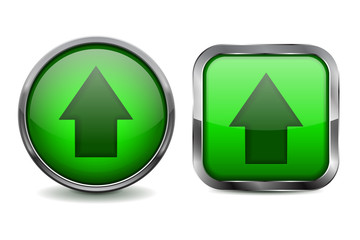 Buttons. Green shiny glass sphere and square button with metal frame.