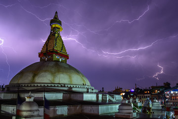 Boudhanath stupa during thunderstorm in Kathmandu, Nepal
