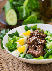 Salad with spicy beef, cucumber and eggs in the Asian style.