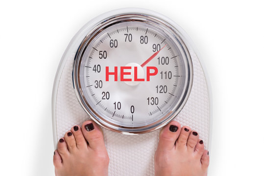 Low Section Of Woman On Weight Scale With Help Text