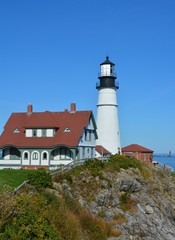 historic Portland Head lighthouse in Cape Elizabeth, Maine, overlooking the Casco Bay in the Gulf of Maine 