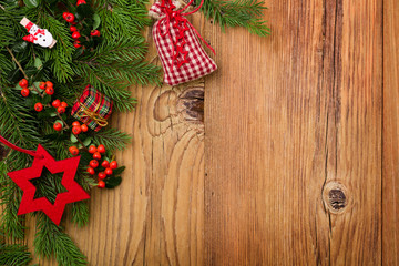 Winter background with natural green plants and xmas decoration