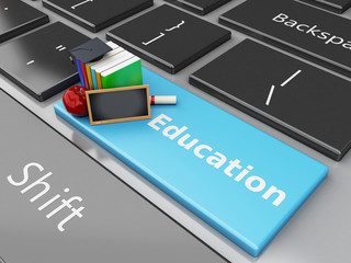 Fototapeta premium 3d Blackboard, graduation cap and books on computer keyboard.