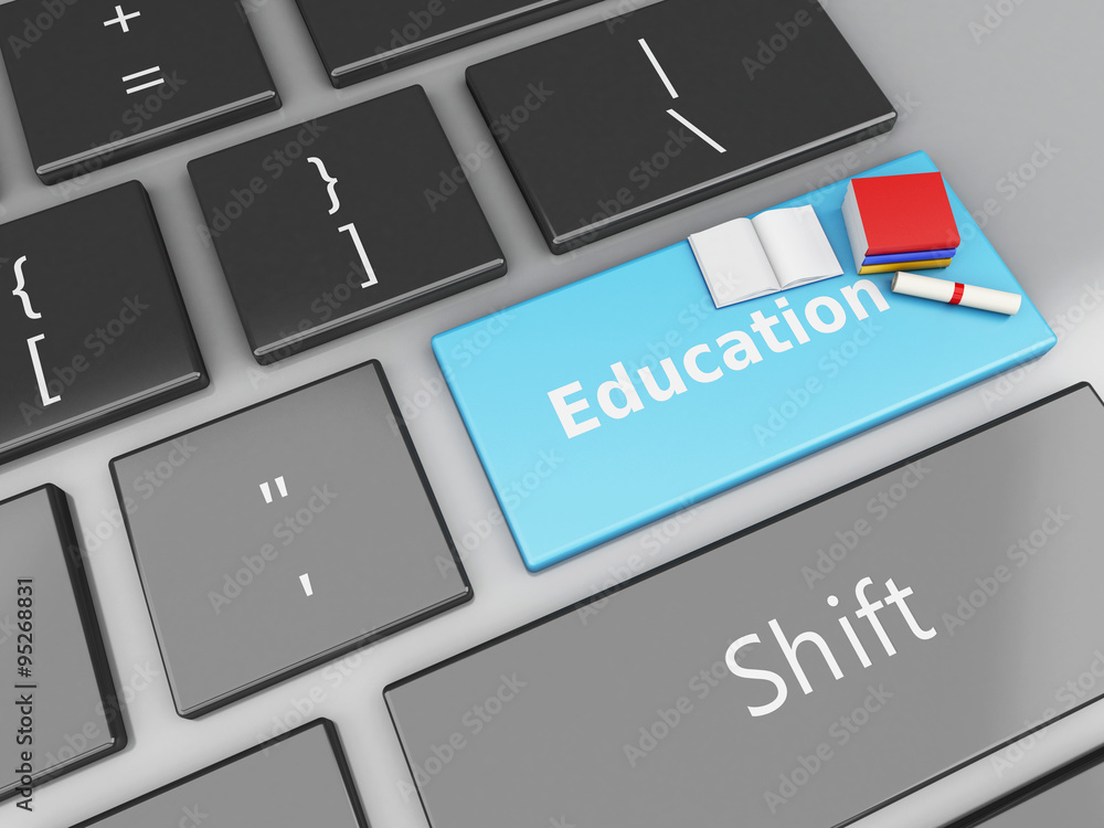 Poster 3d books and diploma on computer keyboard.