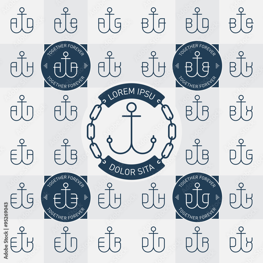 Poster monograms or logotype with anchor and letters. vector line icons