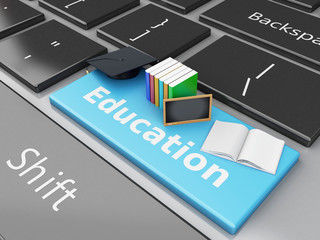 Fototapeta premium 3d graduation cap, books and blackboard on computer keyboard.
