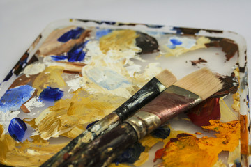 Two paint brushes on paint palette.