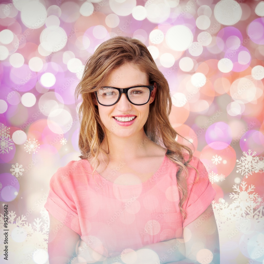 Poster composite image of pretty geeky hipster smiling at camera