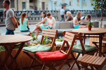 Street cafe, rest during the walk, the food in the summer in the city, fast food.