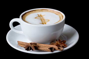 Dollar sign on latte art coffee cup