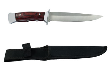 Hunting knife with wooden haft isolated on white background