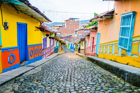 Beautiful and colorful streets in Guatape, known as town of Zocalos. Colombia