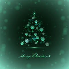 Christmas tree with balls and lights, green background,