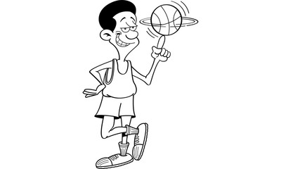 Black and white illustration of a basketball player spinning a basketball.