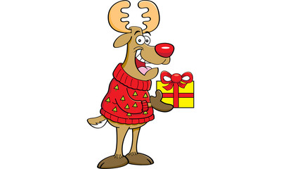 Cartoon illustration of a reindeer wearing a sweater and holding a gift.