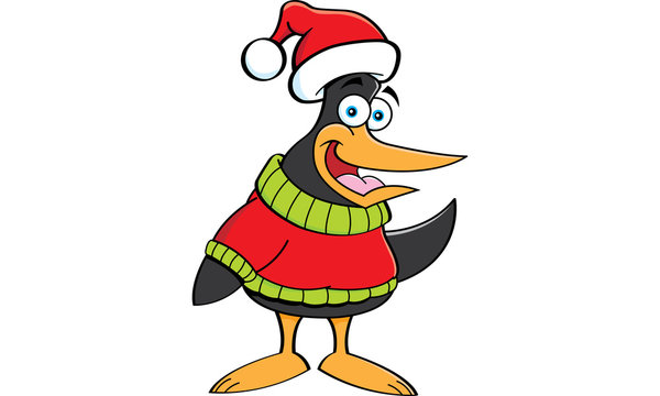 Cartoon illustration of a penguin wearing a sweater and a Santa hat.