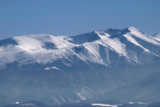 Rila Mountains seen from the Vitosha Mountain. Seen ski resort of Borovets and the highest peak in the Balkans - Musala (2925 m above sea level), Bulgaria.