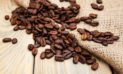 coffee beans and burlap fabric