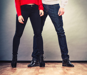 Legs of woman and man. Feet in footwear shoes