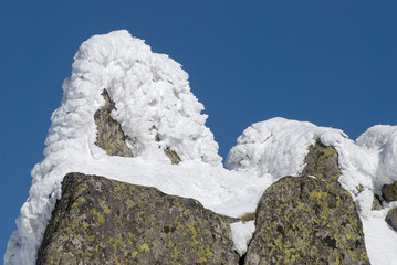 Boulders covered with rime on the Black Peak, Vitosha mountain, Bulgaria