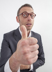excited 40s manager approving a corporate decision with thumb up