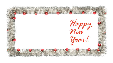 New year greeting card made of silver tinsel frame with red christmas balls