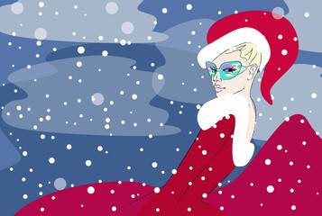 Abstract portrait of a girl in Santa Claus clothes and sunglasses, fashion, a Christmas - 95280686