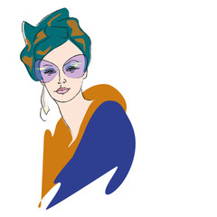 Abstract portrait of a woman in a green turban, fur coats, sunglasses