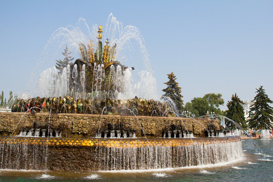 Вид фонтана "Каменный цветок" в парке ВДНХ в Москве. Россия.