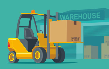 Forklift carries a box in storage. Flat banner production process in Warehouse. Vector illustration for business, info graphic, web, presentations, advertising.