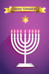 Hanukkah vector 3d candles, traditional religious holiday greeting card with golden ribbon